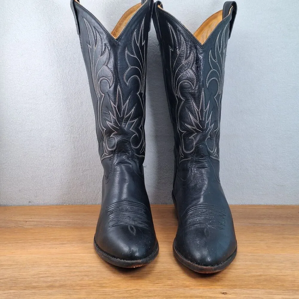 Jama Old West Men's 10D Slip-On Cowboy Boots Black Leather Embroidered Vintage
